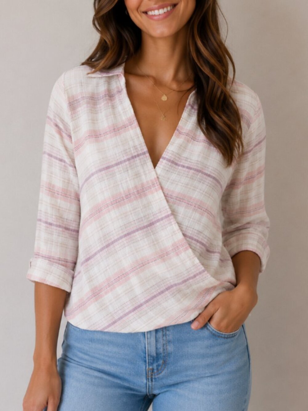 Hollister Womens Plaid Checkered Wrap Front Top Size XS 3/4 Sleeves